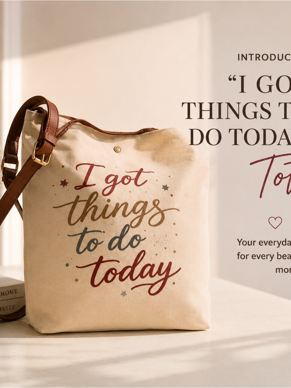 Brown Neutral ItalianCanvas Tote with Brown Leather Straps - "I Got Things to Do - Picture 14 of 15